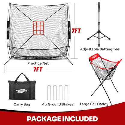 7×7FT Baseball Net with Batting Tee & Ball Caddy Holds 100+ Balls, Height Adjustable 27"-43" for All Players,Baseball & Softball Training Set for Hitting,Pitching,Included Carry Bag, 4 Ground Stakes