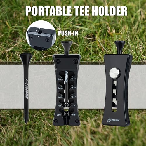 SANDIAN, All-in-1 Value Pak, Adjustable Golf Tee Height Setter with Divot Tool, Genuine Carbon Fiber Made Pitchfork, Super Lightweight, T800 Ball Marker, Hat Clip, Tees, Leather Holster, Zipper Case - color: Black