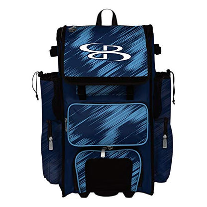 Boombah Rolling Superpack Scratch Baseball/Softball Gear Bag - 23-1/2" x 13-1/2" x 9-1/2" - Multiple Colors - Telescopic Handle and Holds 4 Bats - Wheeled Version - color: Navy/Columbia