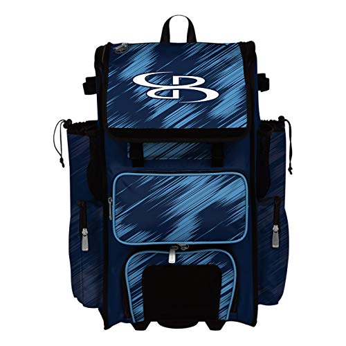 Boombah Rolling Superpack Scratch Baseball/Softball Gear Bag - 23-1/2" x 13-1/2" x 9-1/2" - Multiple Colors - Telescopic Handle and Holds 4 Bats - Wheeled Version - color: Navy/Columbia