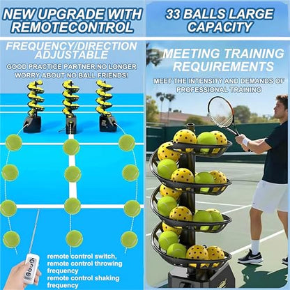 Remote Control Tennis Ball Machine & Launcher for Solo Practice | Customize Speed, Height, Angle (48° Oscillation) & Frequency | 33-Ball Capacity, for Beginners, Coaches, Clubs