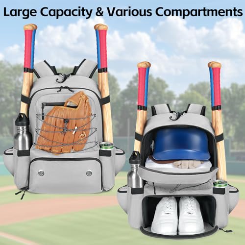 MATEIN Baseball Bat Bag for 4 Bats with Ball Pocket, Lightweight Youth Baseball Backpack with Shoe Compartment, Large Capacity Softball Equipment Bag with Fence Hook for TBall Gear, Helmet, Glove - color: Grey