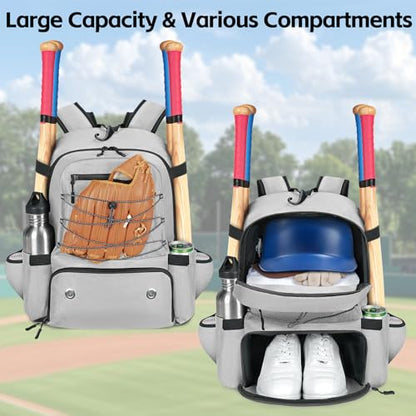 MATEIN Baseball Bat Bag for 4 Bats with Ball Pocket, Lightweight Youth Baseball Backpack with Shoe Compartment, Large Capacity Softball Equipment Bag with Fence Hook for TBall Gear, Helmet, Glove - color: Grey