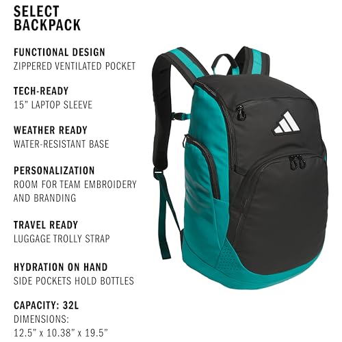 adidas Select Basketball Backpack for Practice, Gym and Travel, 32L - color: Black/Pure Teal Green