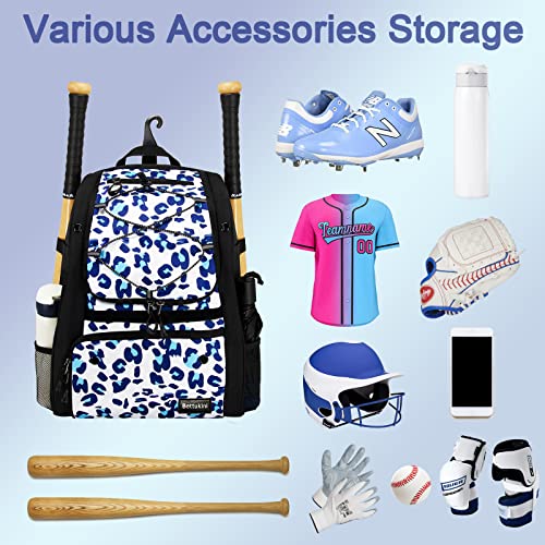 Youth Baseball Bag with Vented Shoe Compartment, Softball Bat Bag for Batting Mitten, Helmet, Teeball Gear - Adult Boys Girls Kids - color: Leo-print