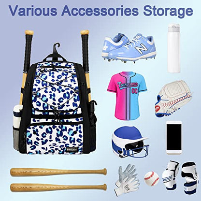 Youth Baseball Bag with Vented Shoe Compartment, Softball Bat Bag for Batting Mitten, Helmet, Teeball Gear - Adult Boys Girls Kids - color: Leo-print