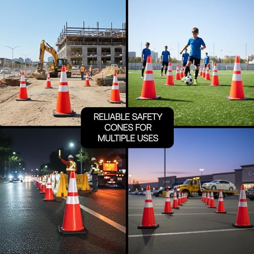 Brimar 28 Inch Performance Cones, 4 Pack, Orange PVC Traffic Safety Cones with 10 lb. Black Base for Construction, Road Parking, MUTCD Approved, Highly Reflective Bands, Structurally Stable, Wearproof - size: 10 lb.