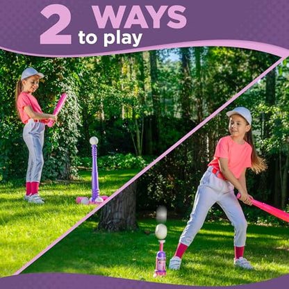 T Ball Stand for Kids and Toddlers 1-3, 3-5, 5-8. Baseball Set Includes 6 Large Balls, an Adjustable Tball Batting Tee, and a Pitching Machine. Kids Bat and T-Ball Set - style: PINK T BALL
