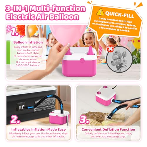 3 in 1 Balloon Pump Electric,Balloon Pump,Electric Air Pump,Quick-Fill Inflator/Deflator Pumps for Party Decoration Balloon, Pool, Floats, Air Mattress Bed, Swimming Ring