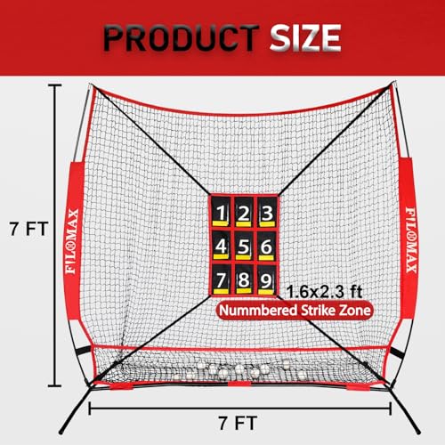 7x7ft Baseball & Softball Practice Net with Numbered Strike Zone - Heavy Duty Portable Hitting Pitching Training Net for Pitching Accuracy & Hitting Practice, Portable with Carry Bag.