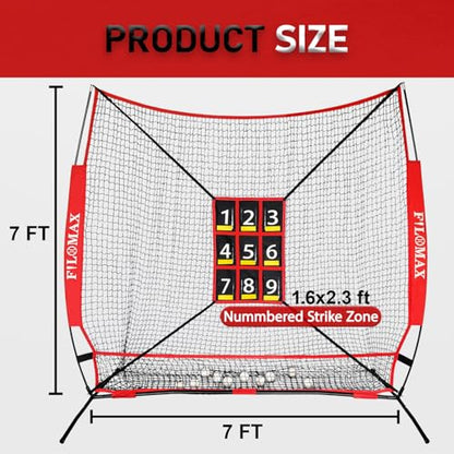 7x7ft Baseball & Softball Practice Net with Numbered Strike Zone - Heavy Duty Portable Hitting Pitching Training Net for Pitching Accuracy & Hitting Practice, Portable with Carry Bag.