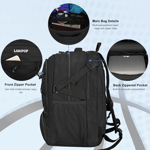 LARIPOP Basketball Backpack Large Basketball Bag with Ball Holder & Shoe Compartment for Youth Adults Men Women - color: Black