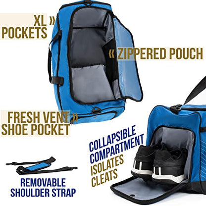Athletico Sideline Soccer Duffle - Soccer Bag for Basketball, Volleyball & Football | Duffel Includes Separate Cleats Compartment For Men & Women (Blue)