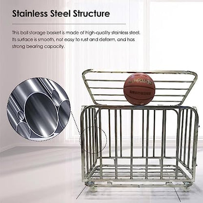 Home Gym Organizer Rack Steel Basketball Rack with Wheels, Professional Rolling Sports Ball Storage Cart, Extra-Large Basketball Display Stand Equipment for Indoor Outdoor