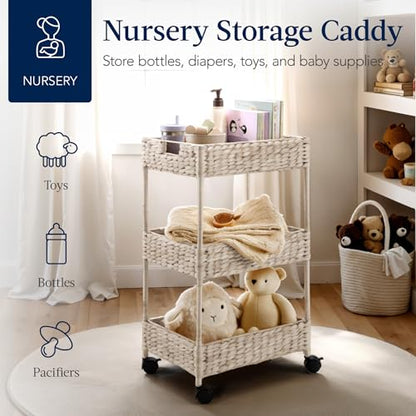 Best Choice Products 3-Tier Water Hyacinth Rolling Nursery Caddy w/Wheels, Utility Cart, Storage Organization for Bathroom, Craft Room, Laundry Room - Whitewash - color: Whitewash