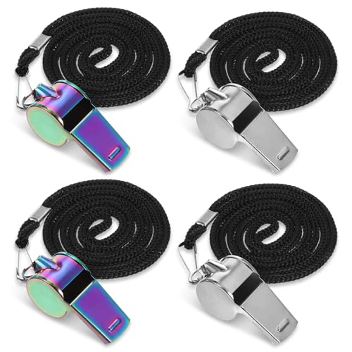 TIESOME 4Pcs Stainless Steel Whistle with Lanyard, Super Loud Sports Whistle for Referees, Coaches, Police, Emergency, and Outdoor Sports
