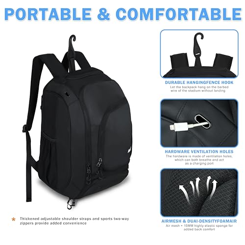 Pickleball Bag-50L Large Capacity, Padel Backpack with Shoe Compartment ＆ Retractable Cup Pockets, Fits 4-10 Paddles, Versatile, Black