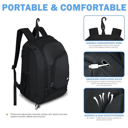 Pickleball Bag-50L Large Capacity, Padel Backpack with Shoe Compartment ＆ Retractable Cup Pockets, Fits 4-10 Paddles, Versatile, Black