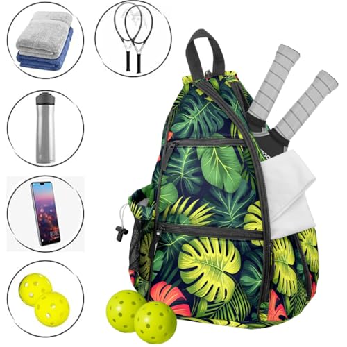 Pickleball Bag Tropical Leaves Pickle Ball Backpack for Women Men Premium Lightweight Crossbody Sling Bag Sports Backpack for Pickleball Paddle Tennis - color: Tropical Leaves Green