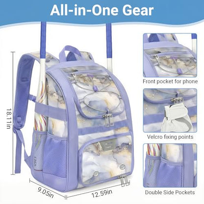 Youth Baseball Bag - Softball Bag for Girls & Boys with Shoes Compartment, Bat Backpack for Baseball, T-Ball & Softball Equipment - color: Marbled-Gray Purple