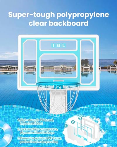 IGL Pool Basketball Hoop Outdoor, Outdoor Poolside Basketball Hoop, Base & Stand Double Water Storage with 2 Ball & Inflator, Stainless Steel Basketball Rim, Fixed Height - size: 32in Backboard