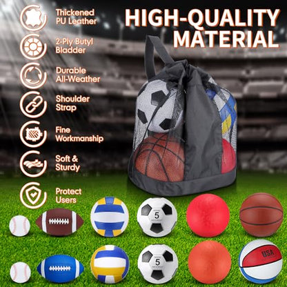 Deekin 12 Pcs Assorted Sport Ball Set for Youth Adult Official Size Basketball Football Volleyball Soccer Baseball Playground Ball with Bag and Pump Gifts