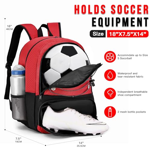 Hsmihair Youth Soccer Bag-Soccer Backpack&Backpack for Football Basketball,with Ball Compartment Separate Cleat Package - color: Red2
