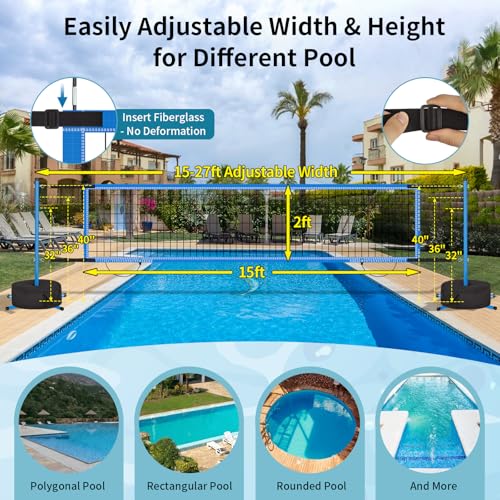 Pool Volleyball Net Set for Inground/Above Ground Pools with Sand-Filled Weighted Base, 15-27ft Adjustable Anti-Sagging Net, 2 Volleyballs & Pump, Carry Bag