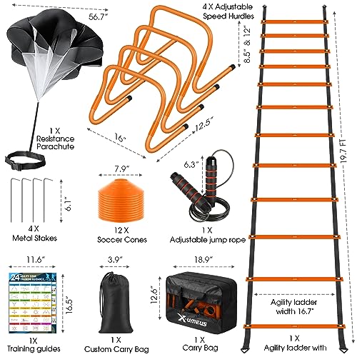 X-UMEUS Agility Ladder Speed Training Equipment Set-20ft Agility Ladder,12 Soccer Cones,4 Hurdles, Jump Rope, Running Parachute| Basketball Football Soccer Training Equipment for Kids Youth Adults - color: Orange