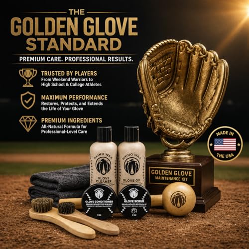Rhino Wax - Baseball Golden Glove Break-in Kit - Oil for Ball Gloves, Mitt Conditioner, Glove Scrub, Daily Cleaner, Mallet, Wrap, Brushes, & 2 Microfiber Cloths - for Breaking in and Maintaining