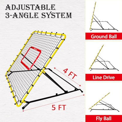 Baseball & Softball Rebounder Net, 4x4.5 Ft Pitching and Fielding Rebounder net, Baseball Bounce Back Trainer Pro with 4 Adjustable Angles and 4 Rubber Feets