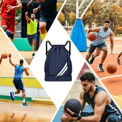 Drawstring Soccer Backpack with Shoe Compartment - Gym Bag for Basketball, Volleyball and Football - Water Resistant Nylon Sports Cinch Sack for Men Women