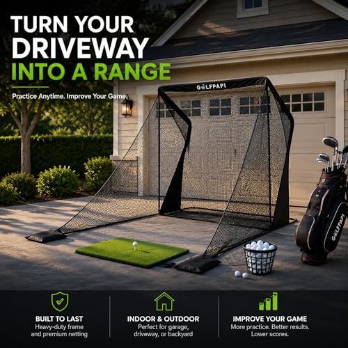 Golf Practice Net – Compact Golf Hitting Net with Steel Frame and Side Net Protection – Indoor & Outdoor Golf Training Net for Backyard, Garage, or Simulator Use 7.5 & 10 ft - size: 7.5 Feet Wide