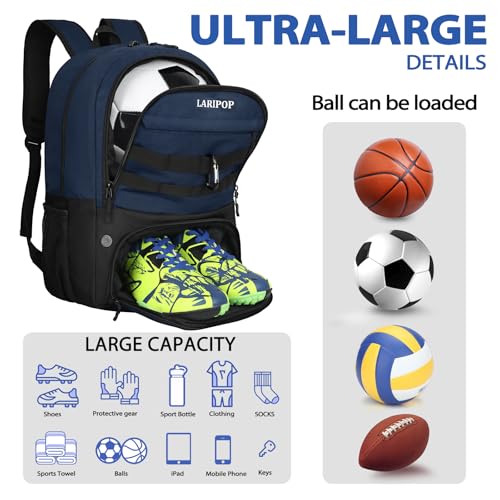 LARIPOP Soccer Backpack with Ball Holder & Shoe Compartment Large Capacity Youth Sports Bag for Training - color: Dark Blue