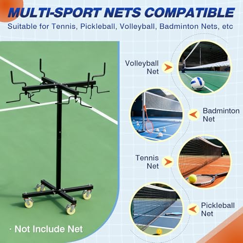 Movable Sports Net Storage Rack with Lockable Wheels, Heavy-Duty Holder for Volleyball, Tennis, Pickleball, Badminton Nets, Space-Saving Support Rack with Swivel Handle & Dust Covers - style: Holds 4 Nets