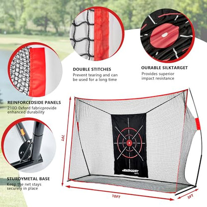 10x7ft Golf Practice Net with Chipping Target, Foldable Mat, 8 Tees & 6 Balls – All-in-One Golf Hitting Net for Backyard, Indoor Outdoor Use, Includes Carry Bag for Easy Storage