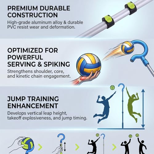 Volleyball Spike Trainer, Adjustable Length 41.3 to 72.8 Inches with Question Hook, Premium Aluminum Alloy PVC Construction for Serving Spiking Training