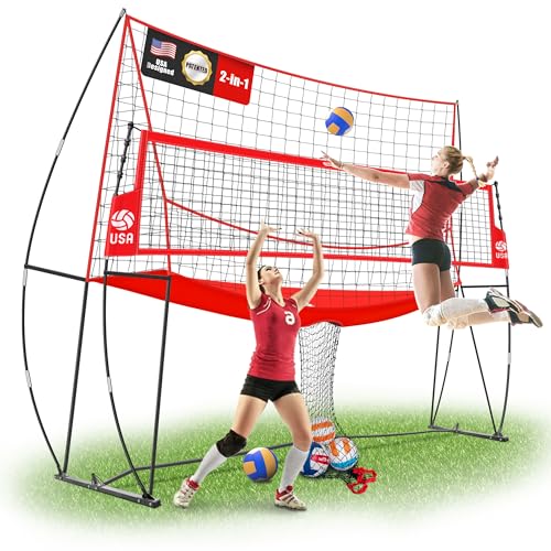 2-in-1 Volleyball Practice Net Station with Patented 5-Height (6'6'' to 8'), Heavy Duty Training System for Hitting Spiking Serving, Backyard Indoor Outdoor Trainer Equipment