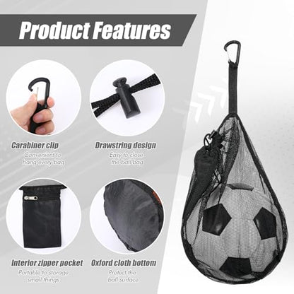 Single Mesh Ball Bag with Zipper Pocket Ball Storage Bags with Double Hook Portable Drawstring Sling Back Bag for Carrying Basketball Football Volleyball Soccer Rugby, Fits All Kinds of Backpacks
