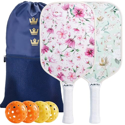 ARTI Pickleball Paddles Set of 2-USAPA Approved Fiberglass Surface Pickleball Set,2 Pickleball Rackets, 4 Balls and 1 Portable Carry Bag - color: Flower Pink And Green
