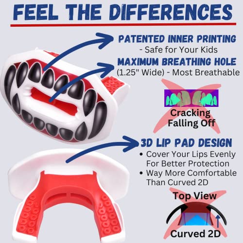Oral Mart Flag Football Mouth Guard with 3D LipFit Design for Kids - Youth Football Mouthguard (No Boil) Cool Instant Fit Lip Guard Mouthpiece for Braces (Detachable Helmet Strap Included) - color: White and Red (Black Fangs)