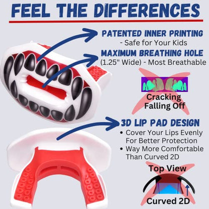 Oral Mart Flag Football Mouth Guard with 3D LipFit Design for Kids - Youth Football Mouthguard (No Boil) Cool Instant Fit Lip Guard Mouthpiece for Braces (Detachable Helmet Strap Included) - color: White and Red (Black Fangs)