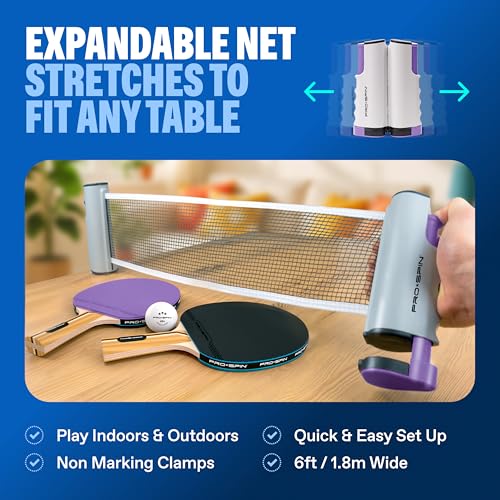 PRO-SPIN Portable Ping Pong Set with Retractable Ping Pong Net for Any Table, All-in-One Table Tennis Set with Ping Pong Paddles, Balls & Case, Table Top Family Game - color: 4-Player Set | Purple/Blue/Mint/Green