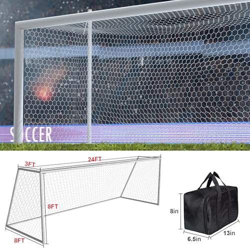 LAO XUE 24x8FT Soccer Goal Net,Professional White Heavy Duty Replacement Outdoor,Full Size Weather Resistance for Training and Match Play(Net Only)
