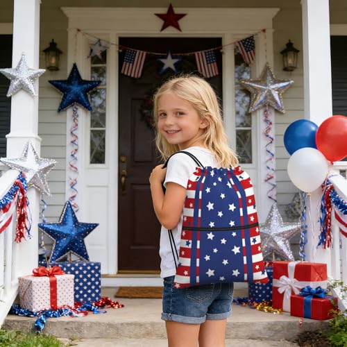 Patriotic Stars Stripes 4th of July Drawstring Bag, Memorial Day Independence Day Red Blue Waterproof Drawstring Bckpack for Gym Sports, Sackpack Bag with Front Zipper Pocket and Inside Zipper Pocket - color: Stars Stripes