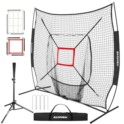 BaseGoal 7'×7' Baseball Softball Practice Net,Baseball Backstop,with Batting Tee,for Hitting Pitching Batting Catching with Bow Frame,Bonus Strike Zone - style: Black-A