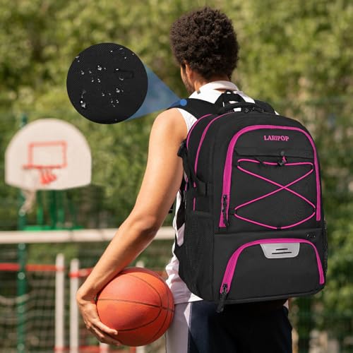 LARIPOP Basketball Backpack Large Basketball Bag with Ball Holder & Shoe Compartment for Youth Adults Men Women - color: Rose Red