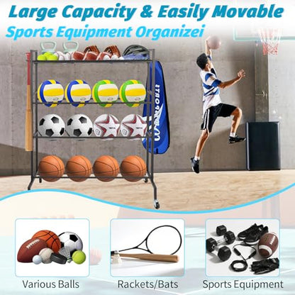 Garage Balls Storage Rack with Baseball Bat Hooks & Baskets, Basketball Holder Stand Rolling Ball Cart with Wheels, Garage Sports Equipment Organizer, Basketball Racks for Balls, Garages Organizer