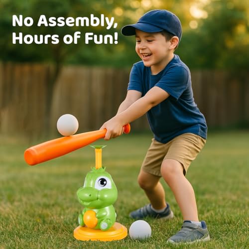 Pop-Up T-Ball Set, Green Dinosaur Tee with Bat and 3 Balls, Indoor Outdoor Baseball Training Toy for Kids Ages 3-8