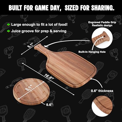 New – Set of Pickleball Paddle & Ball Charcuterie Board Set – Acacia Wood Cheese & Cutting Board (16.9” x 8.1”) Pickleball Gifts for Men/Women, Pickle Ball Plates, Pickle Ball Accessories